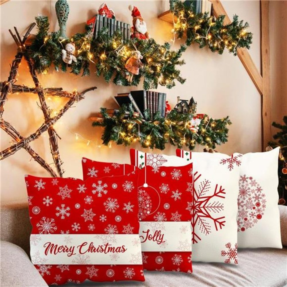 4 Pcs  Christmas Throw Pillow Covers | Winter Xmas Winter Snowflake 18x18 Inch